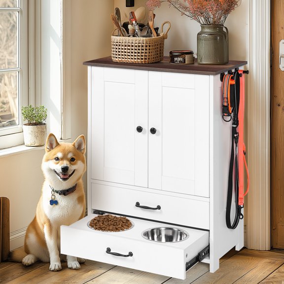 Pet Beds Dog feeding station, double door locker with 2 adjustable dog bowls, 3 hooks on right side, white,Dog Beds