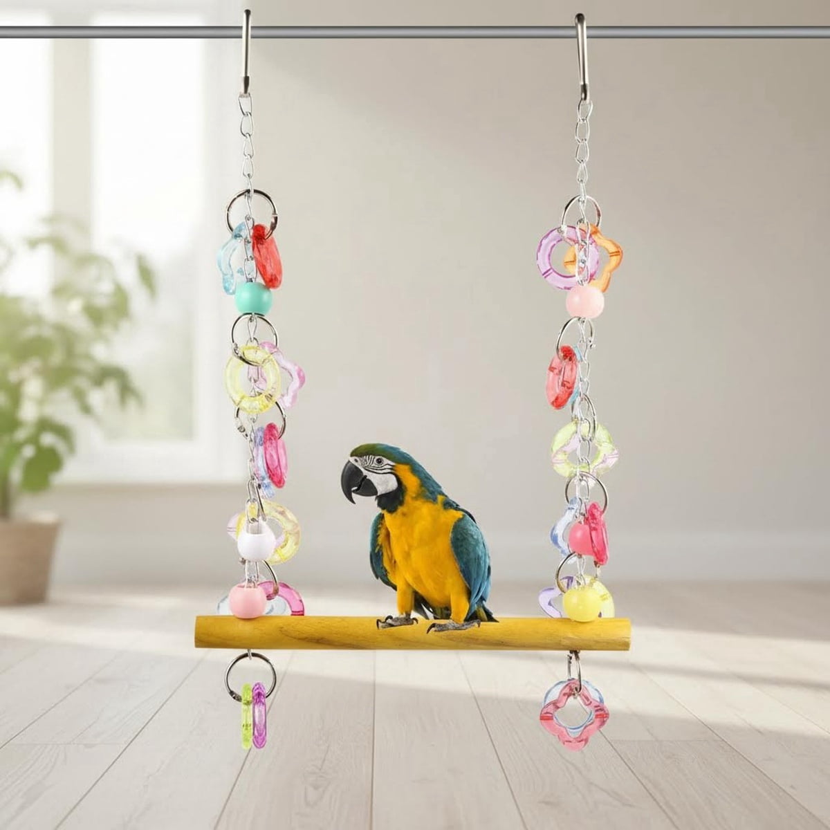 Pet Bird Swing Hanging Chewing Toy Wooden Parrot Stand for Cage and Garden