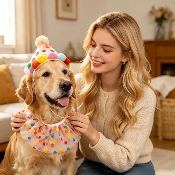 Pet Birthday Hat And Bib Set, Dog Cat Party Outfit, Polka Dot Party Costume, Pet Photo Prop, For Small Medium Pets