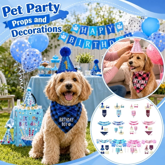 Pet Birthday Party Set for Dogs Cats Rabbits with Hat Bandana Bow Tie Banner Balloons Number Collar Adjustable Accessories Festive Celebration Supplies (A)