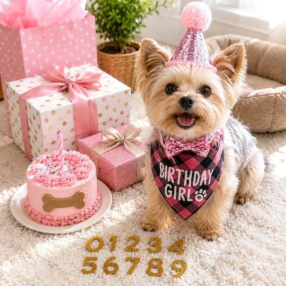 Pet Birthday Party Supplies, Birthday Hat Bandana Scarf with Cute Bow Tie, Flag, Balloons, Party Supplies Decorations