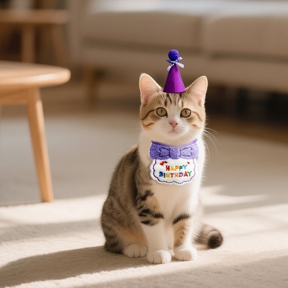 Pet Birthday Party Wear Set, Purple For Cats Dogs, Includes 1 Birthday Hat And 1 Cute Neckerchief, Ideal For Pet Birthdays Photo Shoots And Themed Party Decorations