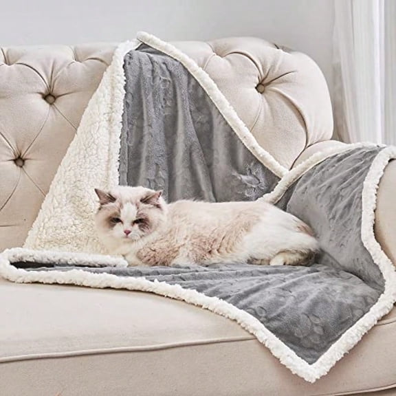 Pet Blankets for Cats - Waterproof Cat Blanket Washable - Sherpa Fleece Puppy Blanket Soft Plush Reversible Throw Protector for Bed Couch Car Sofa 25"X30" Grey