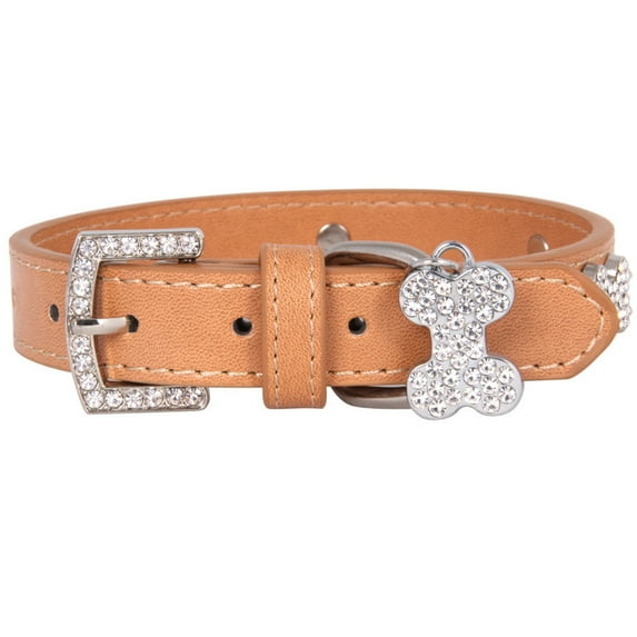 Pet Bone Rhinestone Dog Collar, PU Material Adjustable (20-28cm), Diamond Buckle with Bell, Metal Clasps/D-Rings for Dogs/Cats