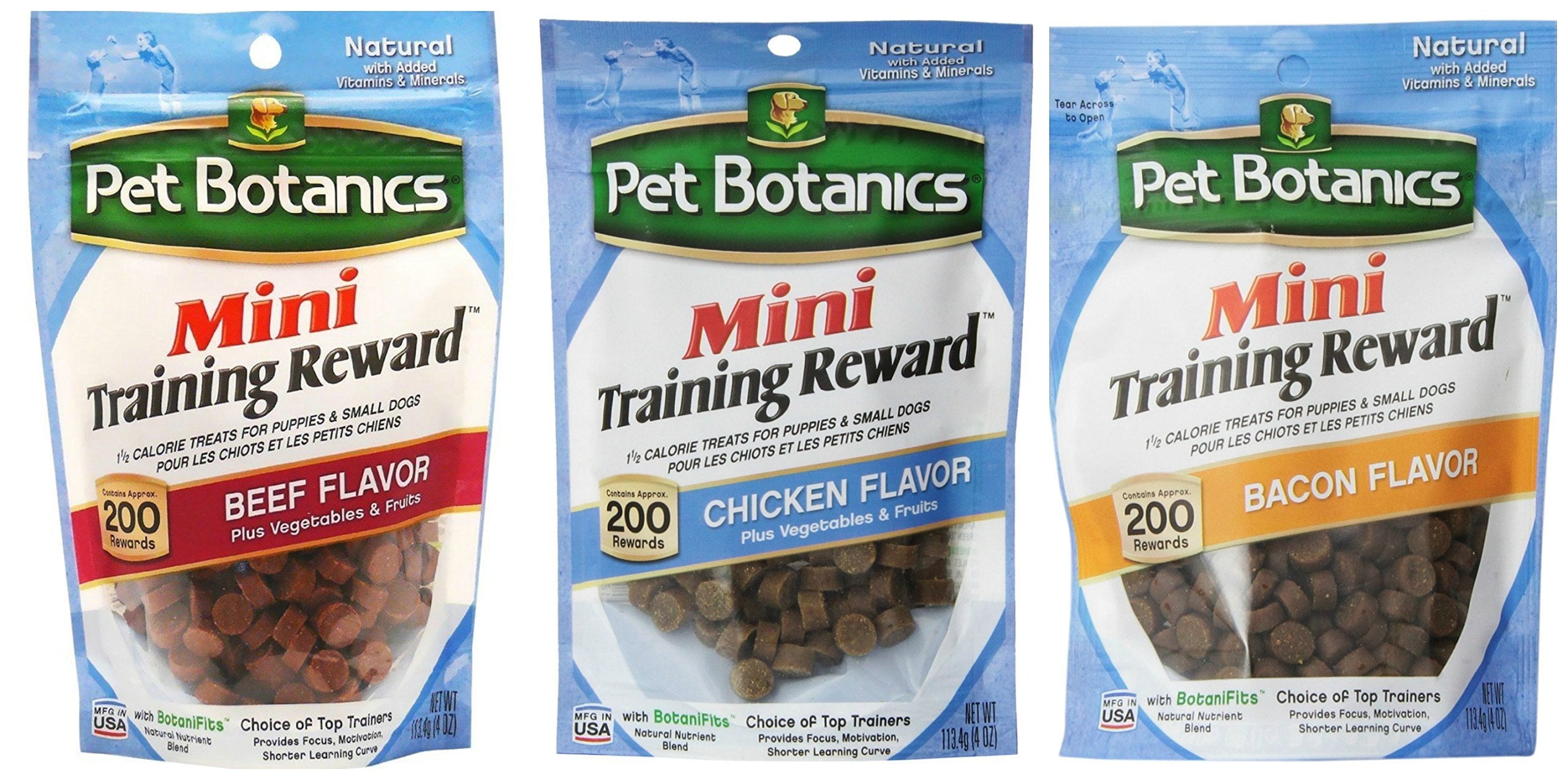 Pet Botanics Mini Training Rewards for Dogs 3 Flavor Variety Bundle: (1) Bacon, (1) Chicken and (1) Beef, 4 Oz Ea (200 Count per Bag, 3 Bags Total)