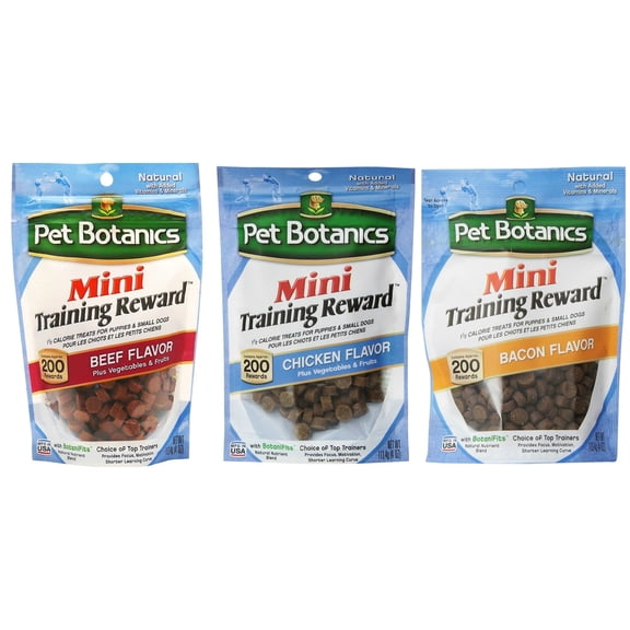 Pet Botanics Mini Training Rewards for Dogs 3 Flavor Variety Bundle: (1) Bacon, (1) Chicken and (1) Beef, 4 Oz Ea (200 Count per Bag, 3 Bags Total)
