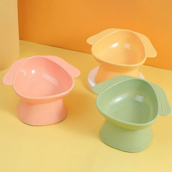 Pet Bowl, Deeply Curved Neck-Protecting Cat Bowl with Tilt-Proof Base, Plastic Elevated Pet Feeding Dish for Easy Cleaning, 11x18x13.5cm, Yellow/Green/Pink, Non-Slip Dog Food Bowl