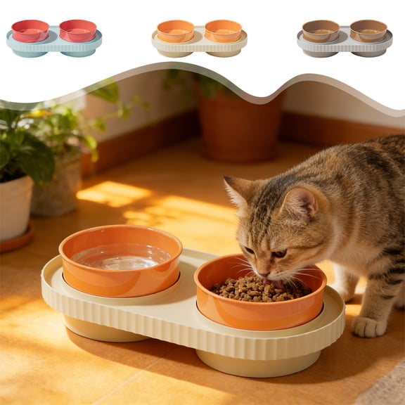 Pet Bowl Feeder, Anti-tip Dual Compartment Dog and Cat Dish with Non-slip Base, Removable Food and Water Bowls for Easy Cleaning, Gray Plastic Pet Dining Mat, Topliu