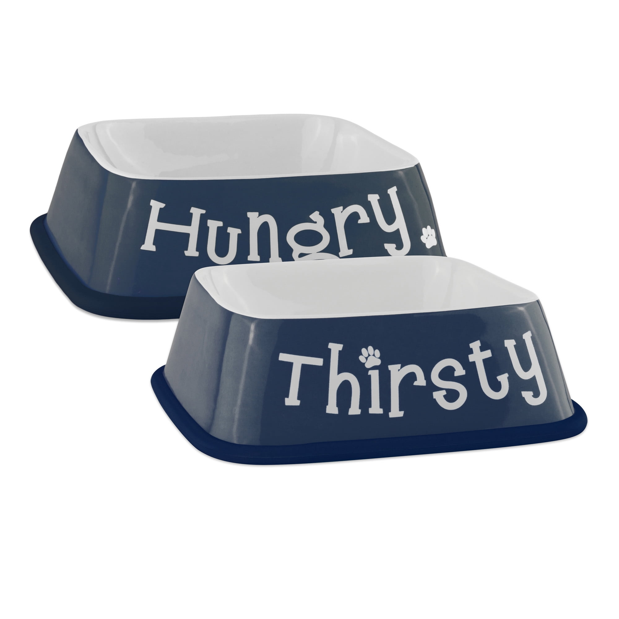 Set of 2 Nautical Blue and Cream White Square Hungry/Thirsty Pet Bowls, 6.75"