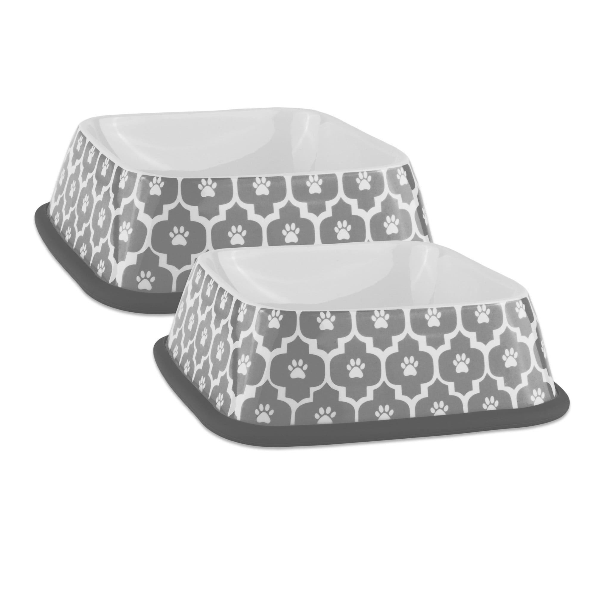 Set of 2 Vibrant Unique Paw Lattice Gray Square Pet Bowl, 6.75"