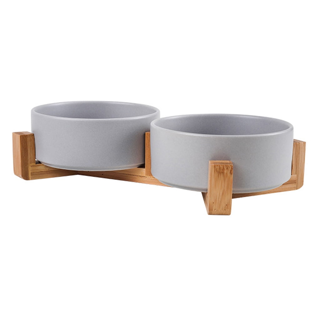 Pet Bowls,Ceramic Cat Dog Bowl Set with Wood Stand for Food and Water,Non-Slip Cute Pet Bowls