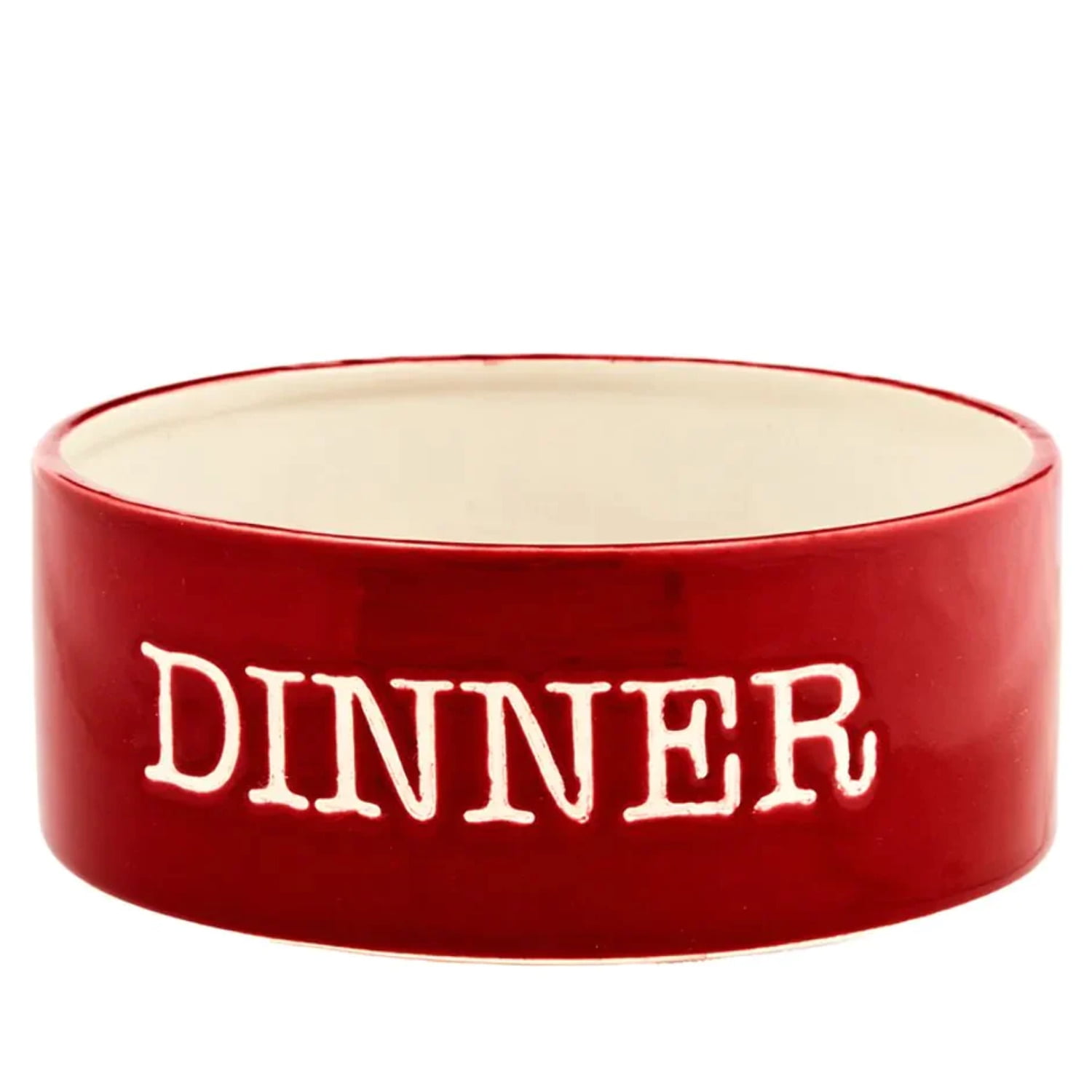 Red Ceramic Dog Bowl with 'Dinner' Text, 7 Inches