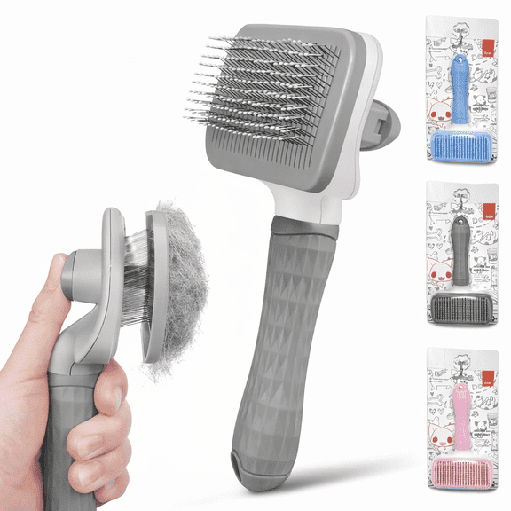 Pet Brush for Dogs and Cats, Self Cleaning Dog Brush, Slicker Grooming Brush for Shedding Hair - Grey
