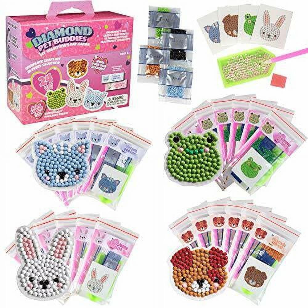 Pet Buddies Diamond Painting Kits (24ct)- Perfect Goodie Bag Party Favors for Kids Birthday Party -Each Includes Animal Gem Craft Activity & Sticker -Valentine's Day Card Decor