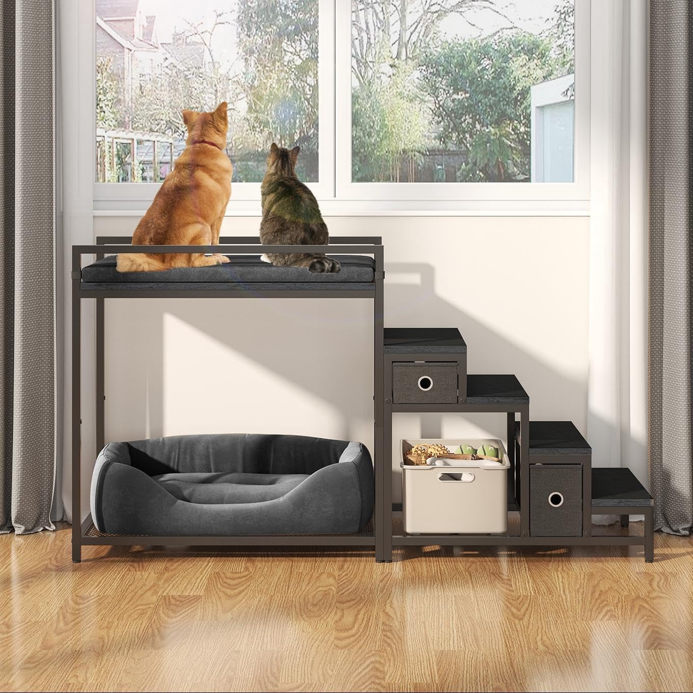 Pet Bunk Bed with Removable Stairs and 2 Drawers, Dogs/Cats Window Perch, Dog Window Seat with Soft Cushion, Ultra-Shallow Steps, Sturdy Metal Frame, Non-Slip, Load Capacity 60 LBS