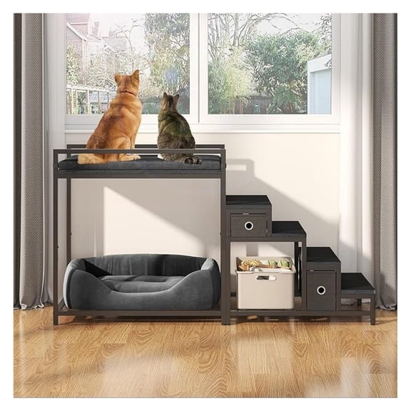 Pet Bunk Bed with Removable Stairs and 2 Drawers, Dogs/Cats Window Perch, Dog Window Seat with Soft Cushion, Ultra-Shallow Steps, Sturdy Metal Frame, Non-Slip, Load Capacity 60 LBS