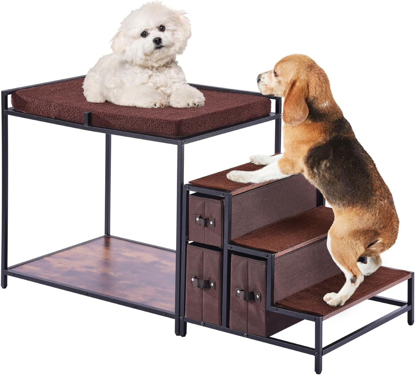 Pet Bunk Bed with Stairs, Dog/Cat Window Perch with Storage, Multi-Level Bed Window Perch Dog Bedside Sleeper Couch, Pet Seat Platform for Medium Size Pet, Indoor Use (Dark Brown)