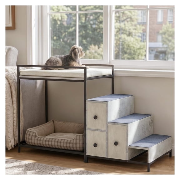 Pet Bunk Bed with Stairs and Storage Dogs Cats Window Perch Elevated Bedside Lounge Multi-Level Platform Foam Upholstered Gray 19.6 x 50.4 x 30.1 Inches