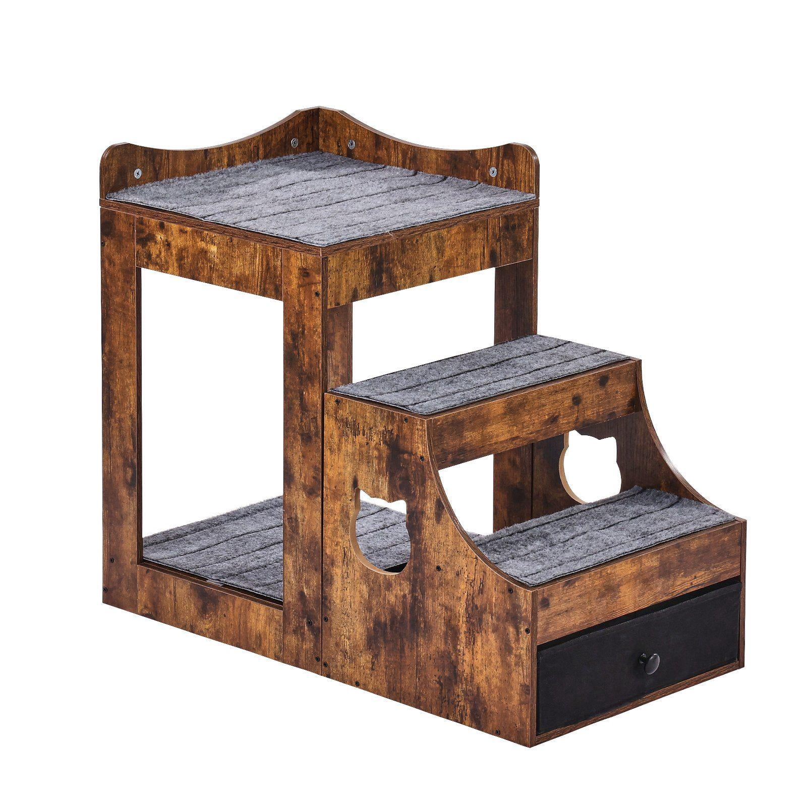 Pet Bunk Bed with Removable Stairs and Storage Multi Level Window Perch Cat Dog Bedside Sleeper Couch Small Pet Seat Platform Indoor Rustic Brown
