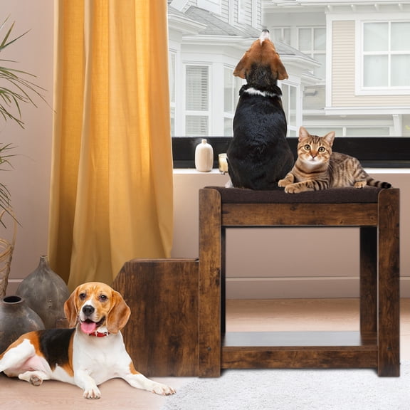 Pet Bunk Bed with Removable Step, Multi-Level Indoor Dog Cat Bed Window Perch Seat Platform, Washable Cushion & Cat Scratch Pad, 90lbs Capacity
