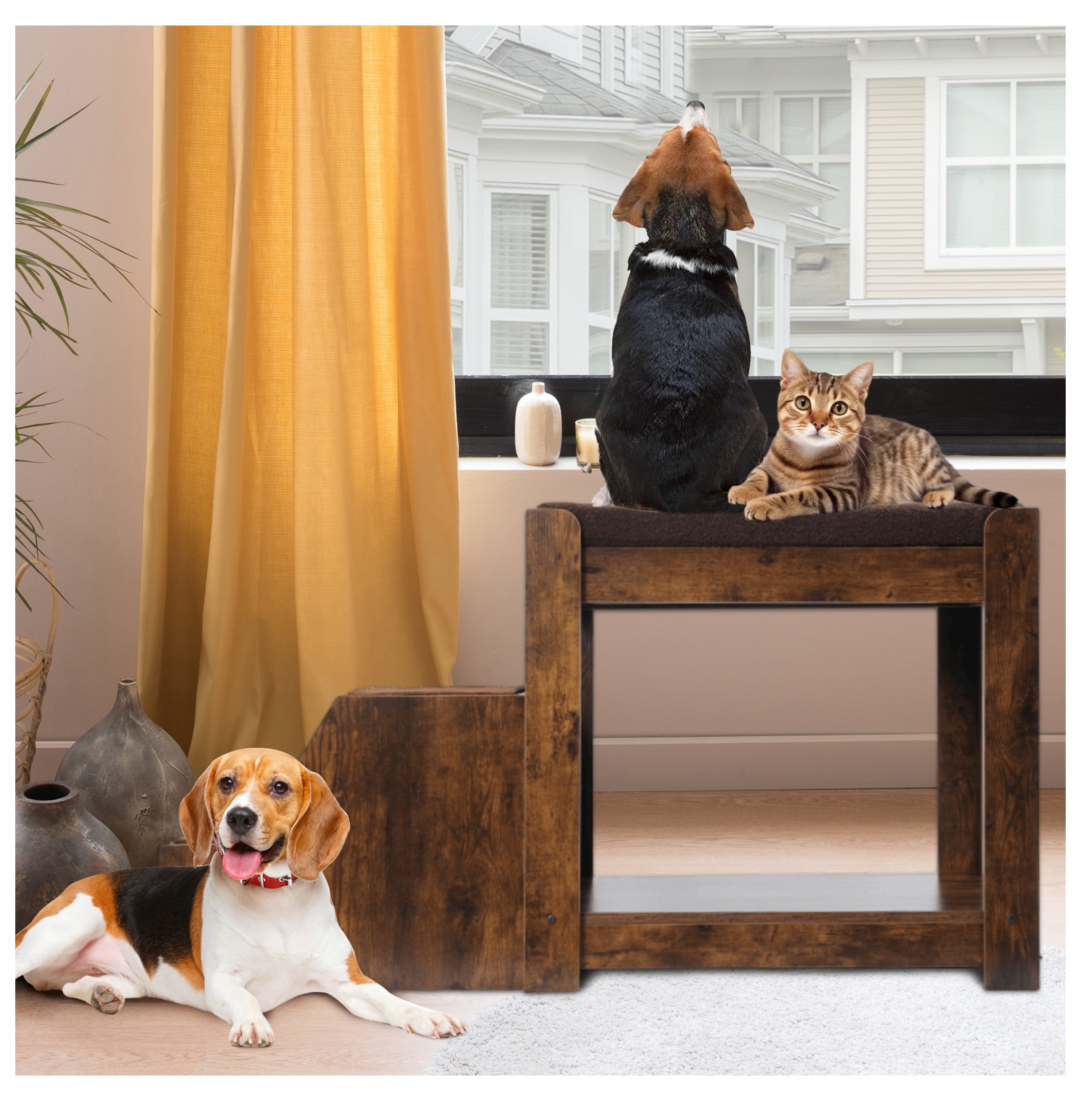 Pet Bunk Bed with Removable Step for Dogs and Cats, Multi-Level Bed Window Perch Seat Platform with Cushion and Cat Scratch Pad, Indoor Use
