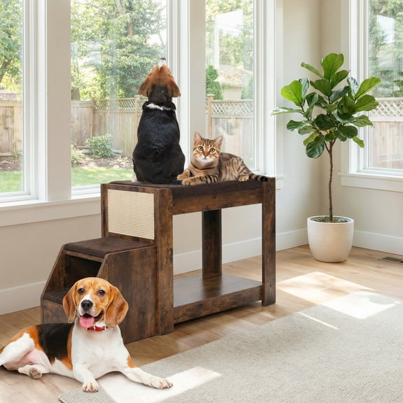 Pet Bunk Bed with Removable Step for Dogs and Cats, Multi-Level Bed Window Perch Seat Platform with Cushion and Cat Scratch Pad, Indoor Use