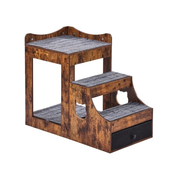 Pet Bunk Bed with Stairs & Storage - Dog Cat Window Perch - Rustic Brown - Multi-Level Indoor Pet Bedside Couch - Small Animal Seat Platform