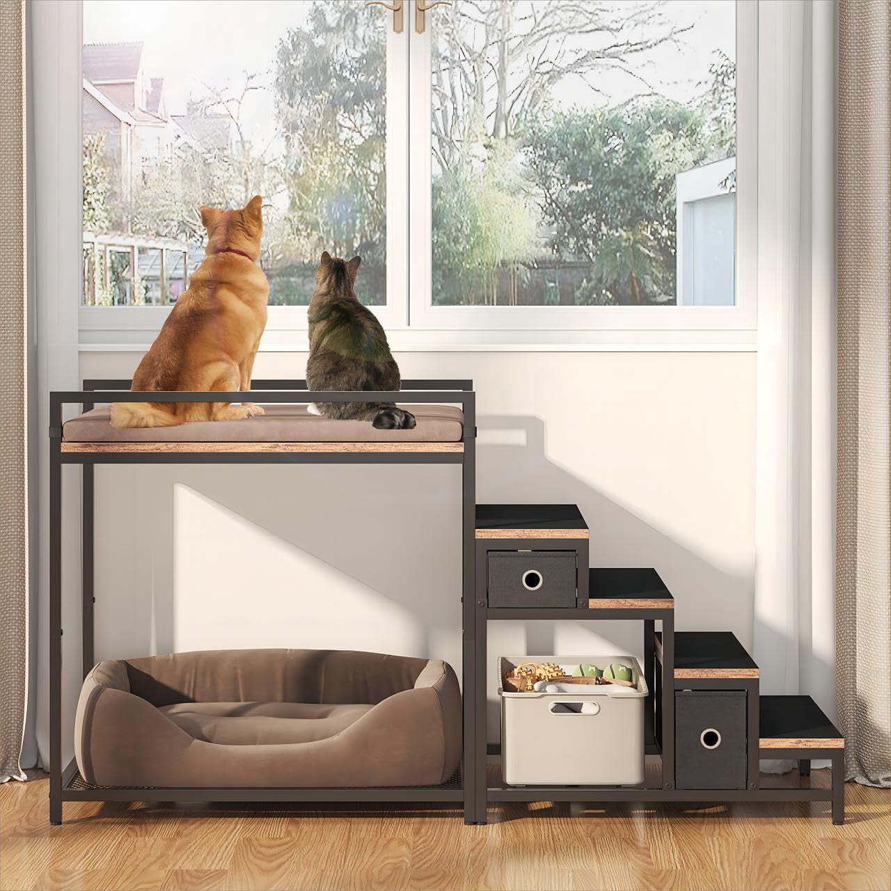 Pet Bunk Bed with Stairs Storage Drawers, Multi-Level Elevated Dog Cat Bed for Window Perch or Bedside Lounge, Foam Upholstered Platform, Black