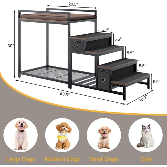 Pet Bunk Bed with Stairs and Storage, Dog Beds Attachment to Human Bed, Bedside Dogs Cot for Small Medium Cats & Dogs, Pet Window Perch (Brown)