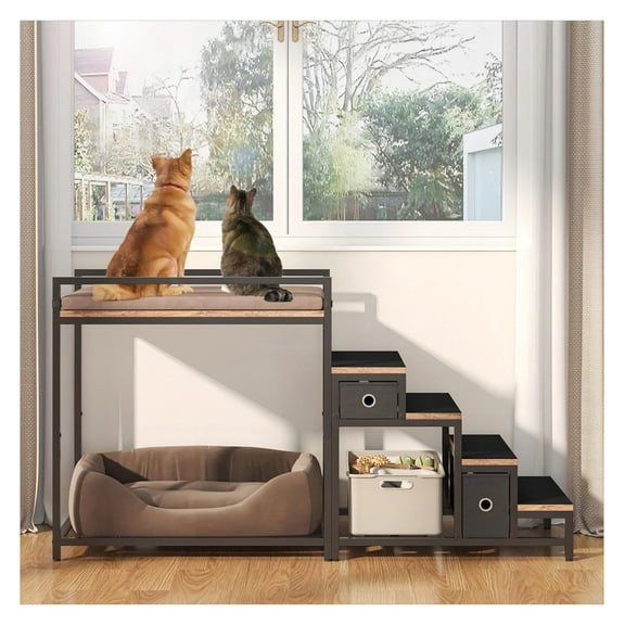 Pet Bunk Bed with Stairs and Storage, Dogs/Cats Window Perch, Bedside Lounge Elevated Dog Bed Multi-Level Platform with Foam Upholstery