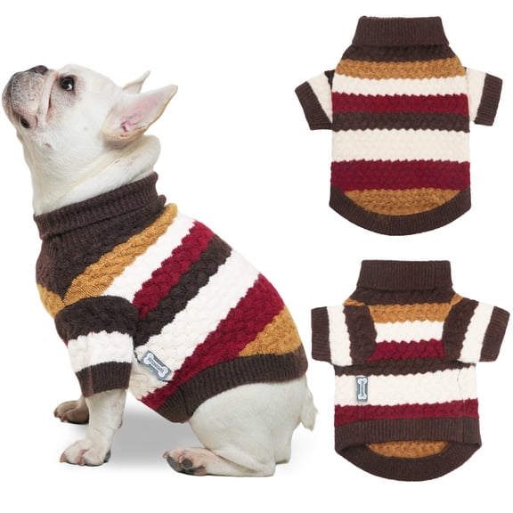 Pet Cable Knitted Turtleneck Sweater, Warm Thick High Stretch Pullover with Legs for Winter, Small/Medium Dogs - Brown Small