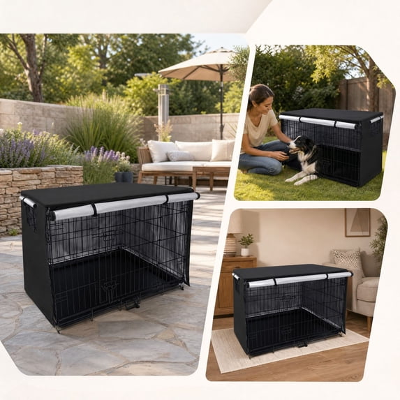 Pet Cage Cover All-Weather 94 x 61 x 63.5 cm, Reflective Coated Fabric Rain Sun Snow Shield for Dog and Cat Outdoor Kennel, for Home, Indoor Pet Care, and Daily Use, Black, for Indoor Home Use
