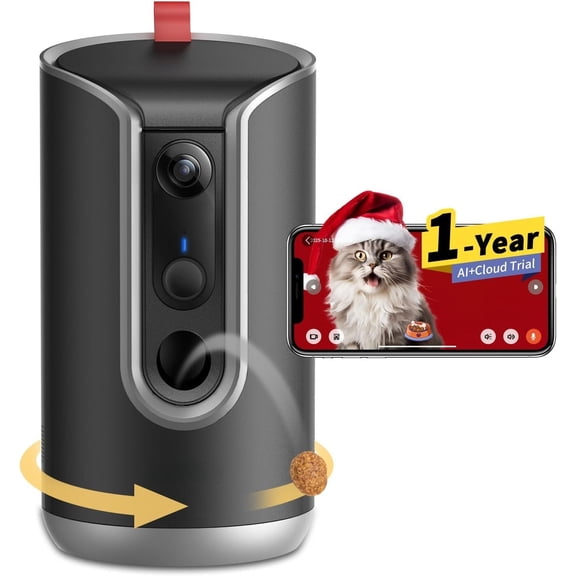 Pet Camera  Dispenser [1-Year Trial: Cloud + AI Features Included],   &  Cam, Remote  Tossing, 360?  , 5G/2.4G WiFi Compatible, 2-Way Talk, Motion  Indoor