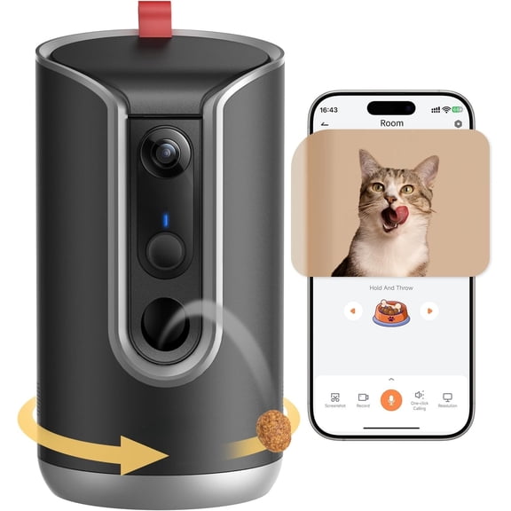 Pet Camera  Dispenser, AI Photo Album,  Camera with 360? Auto  & 5G/2.4G WiFi, 2-Way Talk, Remote  Tossing, Motion  for Cats Indoor