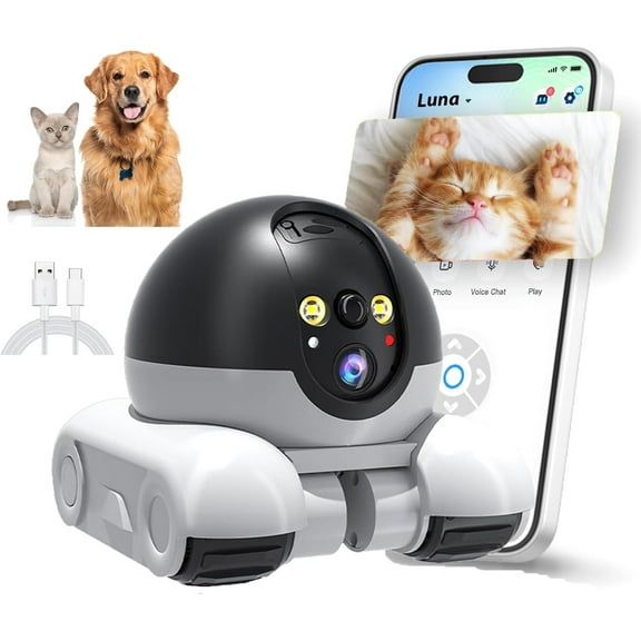 Pet Camera Robot, Wireless 1080P Movable Pet Camera Battery-Powered with Phone App emote Control for Cats Dogs, Indoor Cam, 2-Way Talk, Night Vision, Motion Detection 128G