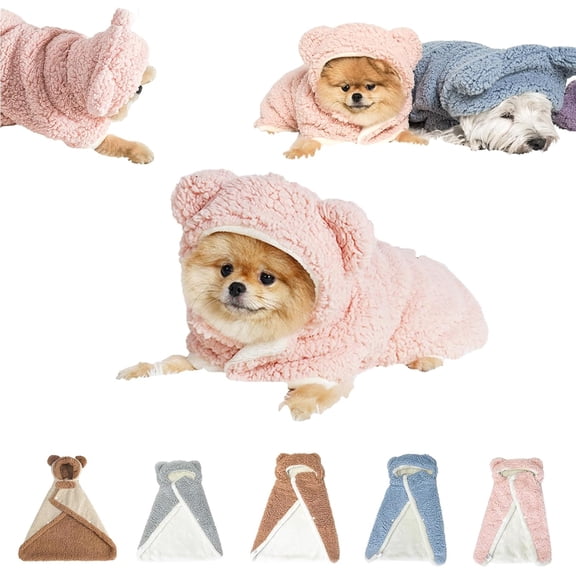 Pet Cape Blanket for Dogs, Dog Robe with Hood Bear Design, Warm Flannel Cat Cape, Easy Snap Closure Cold Weather Coat for Puppies, Indoor Outdoor Sleeping Blanket Wrap