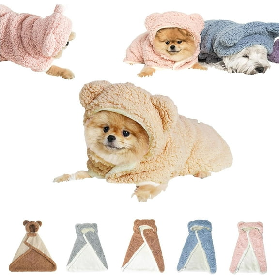 Pet Cape Blanket for Dogs, Dog Robe with Hood Bear Design, Warm Flannel Cat Cape, Easy Snap Closure Cold Weather Coat for Puppies, Indoor Outdoor Sleeping Blanket Wrap