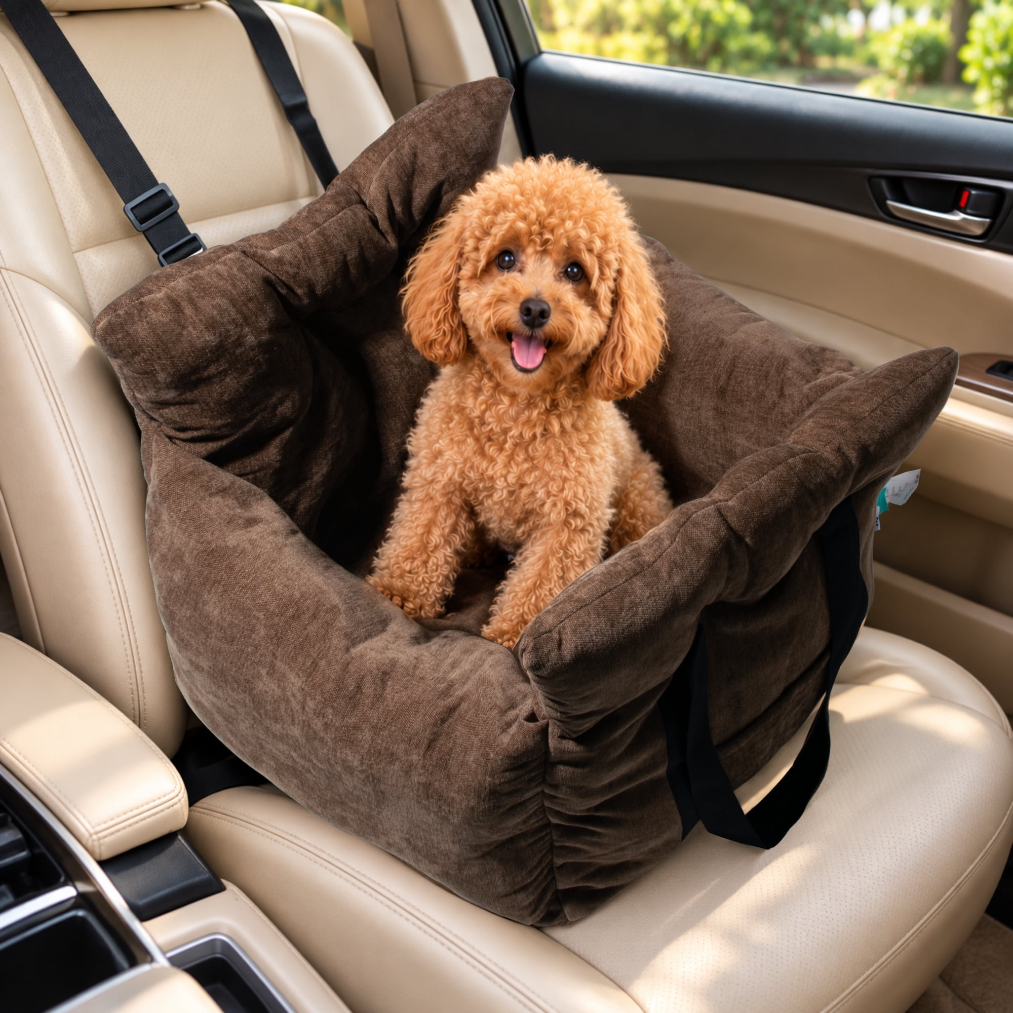 Nycoba Portable Dog Car Seat, Soft Washable Pet Booster Seat with Safety Strap, Non-Slip Travel Car Bed for Small Dogs & Cats