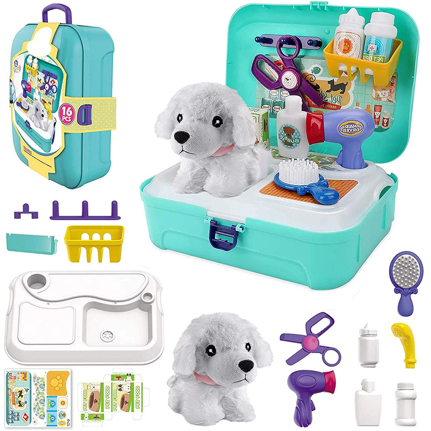 Sotodik Pet Care Play Set Electric Vet Play Set-Walking,Barking,Tail  Wagging Little Plush Dog Grooming Toys with Puppy Carrier Feeding Dog  Educational
