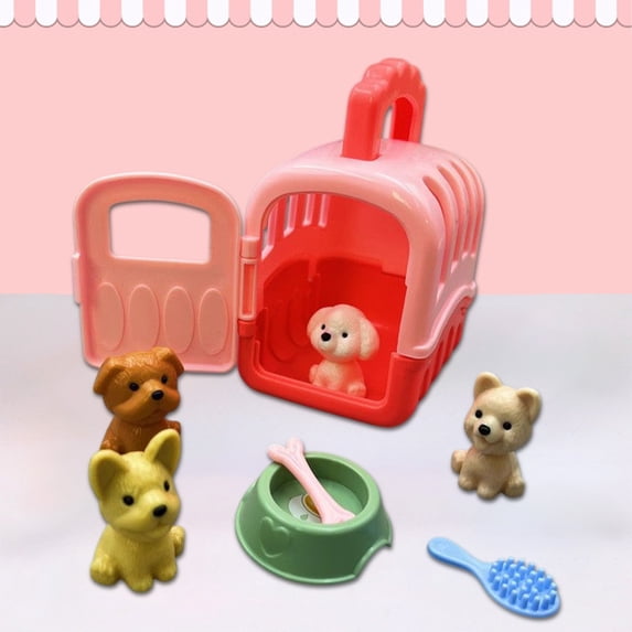 Pet Care Playset with Portable Carrier Cage, 4 Cute Puppy Dog Figures & Grooming Feeding Accessories, Pretend Play Veterinarian Toys for Toddlers Boys Girls Ages 3+ Birthday Gifts