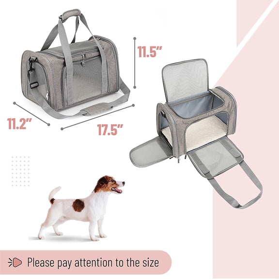 Pet Carrier, 17.5" x 11.2" x 11.5", Medium Size, Gray, Portable Travel Carrier for Small Pets, Cats & Small Dogs, Breathable Mesh, Safety Inner Leash, Side Pocket & Padded Shoulder Strap