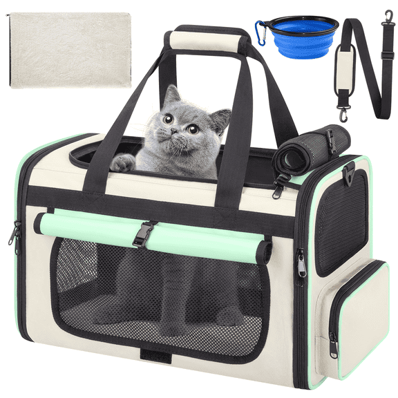 CshidWorld Collapsible Cat Carrier Pet Carrier for Large Cats (up to 25lbs), TSA Airline Approved Cats Carrier Soft Sided, Small Dog Travel Bag with a Bowl/Safety Leash-Green