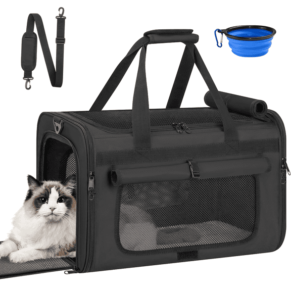CshidWorld Collapsible Cat Carrier Pet Carrier for Large Cats (up to 25lbs), TSA Airline Approved Cats Carrier Soft Sided, Small Dog Travel Bag with a Bowl/Safety Leash-Black