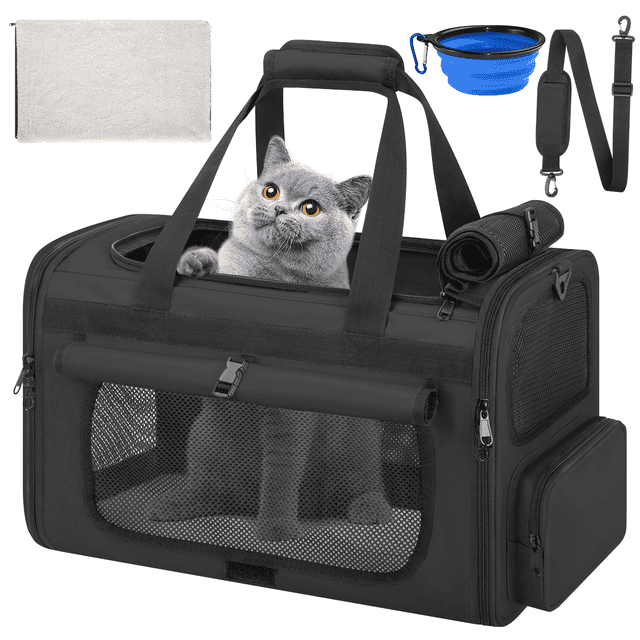 CshidWorld TSA Airline Approved Collapsible Cat Carrier for Large Cats and Small Dogs up to 25lbs, Soft-Sided Travel Dog Carrier (Black)