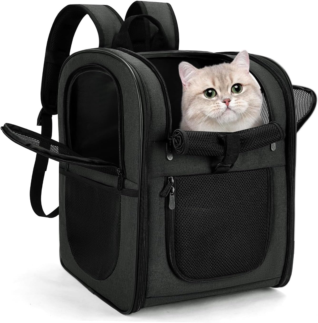 Pet Carrier Backpack for Large/Small Cats and Dogs, Puppies, Safety Features and Cushion Back Support for Travel, Hiking, Outdoor Use (Black-Expandable)