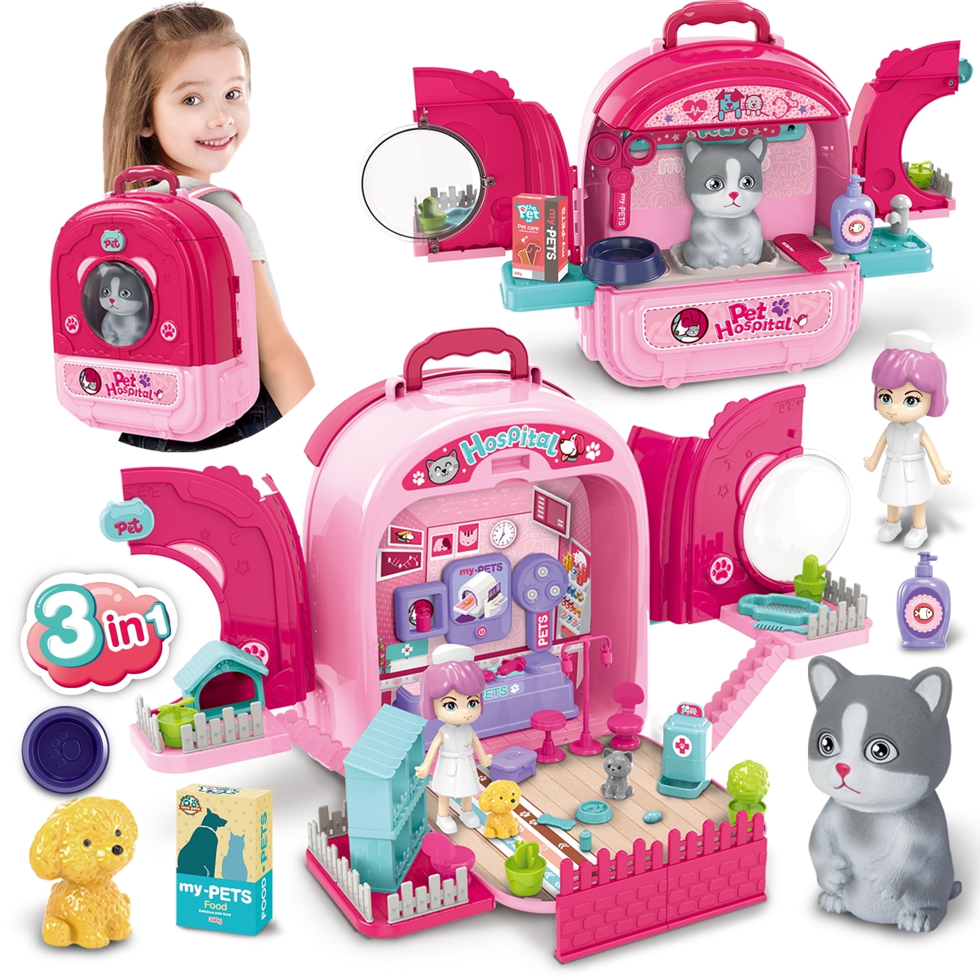 Pet Doctor Kit for Toddlers, 3-in-1 Pet Care Pretend Doctor Set Toys for Girls, Veterinarian Playset with Bag, Pet Toys for 3-8 Kids