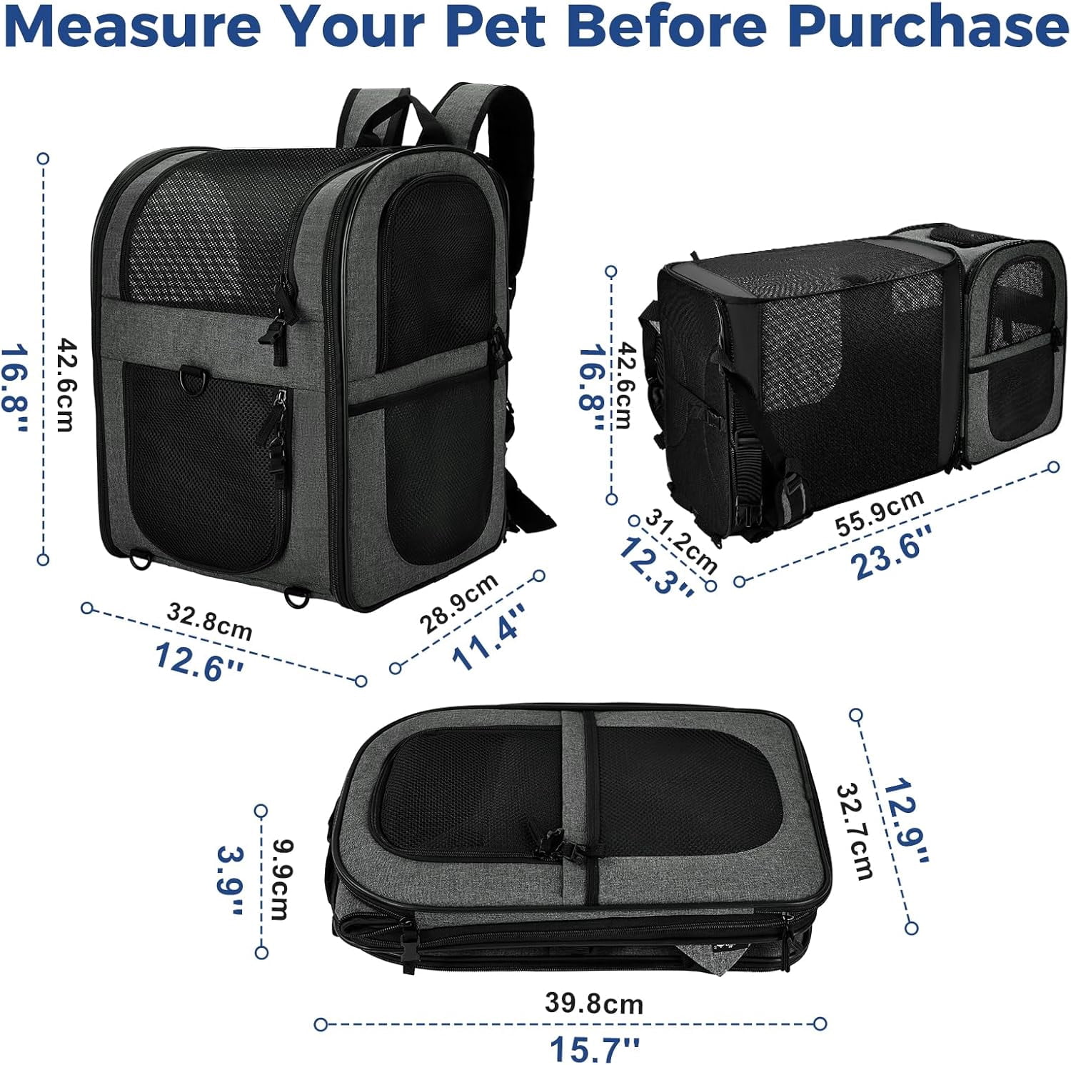 Pet Carrier Backpack for 4-18lb Cats and Dogs, Puppies, Safety Features and Cushion Back Support | for Travel, Hiking, Outdoor Use (Gray)