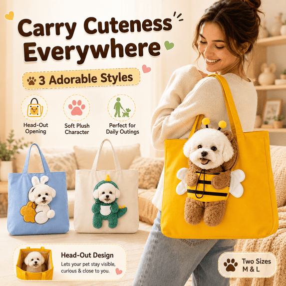 Pet Carrier Canvas Shoulder Tote Bag for Small Dogs & Cat, Cute 3D Plush Animal Purse with Head-Out Window, Fashion Pet Travel Bag for Puppy Kitty Walking Shopping and Daily Use
