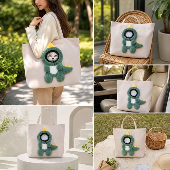Pet Carrier, Canvas Shoulder Tote Bag for Small Dogs & Cat, Plush Character Head-Out Puppy Tote, Cute Cat Tote Bag Gift for Pet Lovers, Portable Travel Shopping Walking Bag, Dinosaur