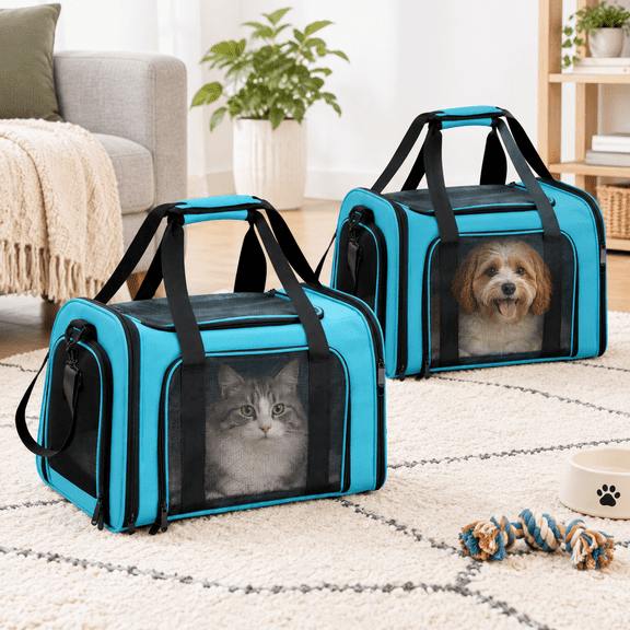 Pet Carrier For Small Medium Cats Puppies Up To 15 Lbs Airline Approved Dog Travel Puppy Soft Sided Collapsible - Blue (pack Of 2